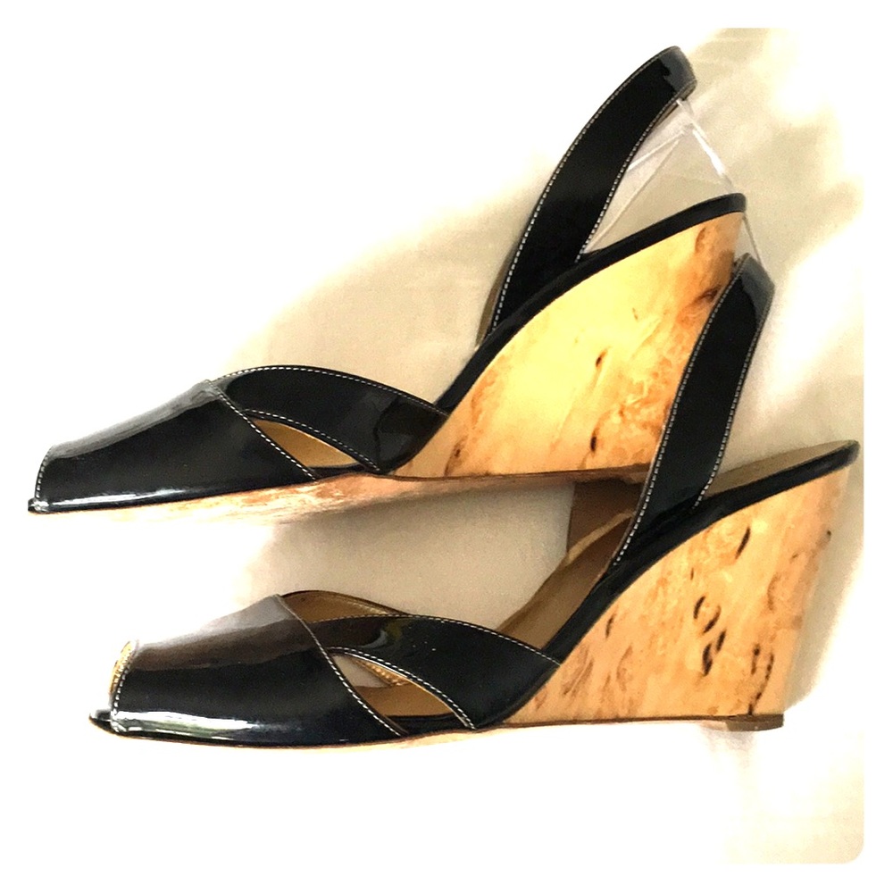 Prada black patent peep sandal, wood wedge sz 9